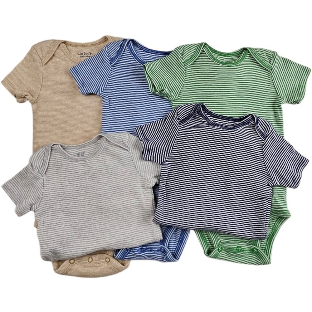 Baby Boy 12 Mos Carter's Stripe Bodysuit Lot 5pc Cotton Short Sleeve Tan Blue